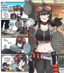  1boy bare_shoulders belle_(zenless_zone_zero) black_gloves black_hair blue_hair breasts crop_top english_text engrish_text gloves goggles goggles_on_head grace_howard green_eyes hair_between_eyes highres kulo_jawa large_breasts looking_at_viewer midriff navel pants ranguage red_eyes short_hair sports_bra wise_(zenless_zone_zero) zenless_zone_zero 