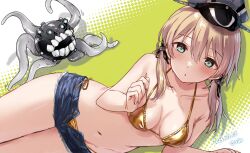  abyssal_ship alternate_costume anchor_hair_ornament bikini blonde_hair blush breasts cleavage commission enemy_naval_mine_(kancolle) female hair_ornament hat kantai_collection long_hair looking_at_viewer low_twintails navel open_mouth peaked_cap prinz_eugen_(kancolle) satsumi short_shorts shorts skeb_commission swimsuit tentacle twintails unzipped yellow_bikini 