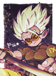  &gt;:( 1boy belt black_belt border character_name closed_mouth colored_sclera colored_skin commentary_request compression_shirt covered_pectorals dragon_ball dragon_ball_heroes fingerless_gloves frown fu_(dragon_ball) glasses gloves holding holding_sword holding_weapon looking_at_viewer male_focus muscular muscular_male ninjatou pants pointy_ears purple_skin red_sclera round_eyewear short_sleeves short_sword single_bang spiked_hair sword tinted_eyewear v-shaped_eyebrows vespa_(kaiten69) weapon white_border white_eyes white_hair yellow-tinted_eyewear yellow_pants 