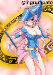  absurdres alternate_costume blush breasts choker cleavage collarbone cosplay dark_magician_girl dark_magician_girl_(cosplay) embarrassed female highres kyomeihibiki large_breasts long_hair purple_eyes senki_zesshou_symphogear solo tears twintails wand white_hair yu-gi-oh! yukine_chris 