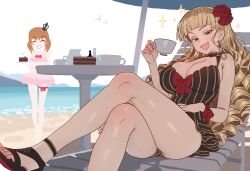  2girls :d beach_chair beach_umbrella beatrice_(umineko) blonde_hair blue_eyes blush_stickers bow breasts brown_hair cake cake_slice cleavage crossed_legs crown cup ebora english_commentary flower food hair_flower hair_ornament highres holding holding_cup holding_plate large_breasts long_hair mini_crown multiple_girls one-piece_swimsuit pink_one-piece_swimsuit plate red_bow red_flower red_rose rose sandals sitting smile striped_clothes swimsuit teacup thigh_strap umbrella umineko_no_naku_koro_ni ushiromiya_battler vertical-striped_clothes wrist_bow 