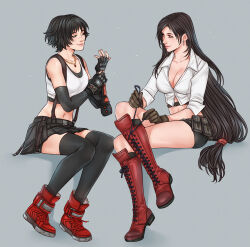  2girls adjusting_clothes adjusting_gloves alternate_costume bike_shorts black_gloves black_hair black_shorts black_skirt black_thighhighs boots breasts brown_gloves cleavage commentary cosplay costume_switch crop_top cropped_shirt cross-laced_footwear crossover crylin6 devil_may_cry_(series) final_fantasy final_fantasy_vii fingerless_gloves gloves grey_background highres invisible_chair jewelry knee_boots lace-up_boots lady_(devil_may_cry) long_hair looking_at_another low-tied_long_hair midriff miniskirt multiple_girls navel necklace red_footwear shirt short_hair short_shorts shorts sitting skirt suspender_skirt suspenders thighhighs tifa_lockhart waist_bag white_shirt 