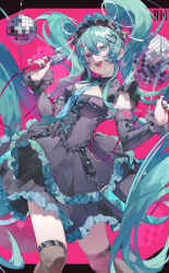  absurdres alternate_costume black_dress black_thighhighs blue_eyes blue_hair breasts cowboy_shot disco_ball dress female hatsune_miku heart highres holding holding_microphone kako_(pixiv77158173) long_hair medium_breasts microphone open_mouth pink_background solo strapless strapless_dress thighhighs twintails vocaloid 