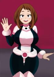  1girls anime_style big_breasts big_thighs brown_eyes brown_hair my_hero_academia ochako_uraraka ochako_uraraka_(hero_outfit) pink_suit sissy-hime solo waving white_skin 