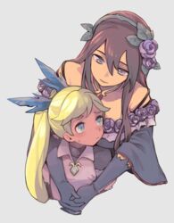  2girls age_difference black_gloves blonde_hair blush brown_hair comforting commentary_request dark-skinned_female dark_skin flower gloves granblue_fantasy grey_background hair_flower hair_ornament hairband io_(granblue_fantasy) leaf long_hair looking_at_another multiple_girls open_mouth plant purple_flower purple_rose rose rosetta_(granblue_fantasy) takishima_asaka upper_body vines yuri 