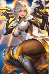  blonde large_breasts looking_at_viewer mercy neoartcore nudtawut_thongmai overwatch thick_thighs wings 