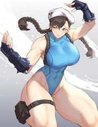  1girls abs anagumasan armpit_crease beret biceps blue_leotard bracelet brown_eyes brown_hair cammy_white cammy_white_(cosplay) capcom chest_harness chun-li cosplay covered_abs covered_navel curvy curvy_figure deltoids earrings fair-skinned_female female female_only fingerless_gloves fully_clothed gloves hair_between_eyes harness highleg highleg_leotard holster huge_breasts hyper_thighs leotard long_hair looking_at_viewer massive_thighs muscular muscular_arms muscular_female muscular_legs muscular_thighs quads smile_at_viewer solo spiked_bracelet street_fighter taut_leotard thick_thighs thigh_holster thigh_strap thighs thunder_thighs tight_leotard twin_braids v-shaped_eyebrows white_beret 