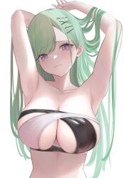  :3 absurdres arm_behind_head armpits arms_up bare_shoulders bikini black_bikini blush breasts cleavage collarbone cross-laced_bikini cross-laced_clothes female green_hair hair_ornament hairclip head_tilt highres large_breasts long_hair looking_at_viewer miduki_yoshi mole mole_on_breast multicolored_bikini multicolored_clothes presenting_armpit purple_eyes revision simple_background solo strapless strapless_bikini swept_bangs swimsuit two-tone_bikini upper_body virtual_youtuber vspo! white_background white_bikini x_hair_ornament yakumo_beni yakumo_beni_(3rd_anniversary) 