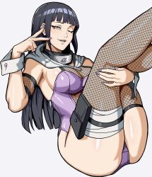  absurdres arm_around_leg ass black_hair blunt_bangs breasts cleavage feet_out_of_frame female fingernails fishnet_armwear fishnet_leotard fishnet_thighhighs fishnets forehead_protector grey_eyes highleg highleg_leotard highres hood hood_down hyuuga_hinata konohagakure_symbol leg_wrap legs_up leotard long_hair looking_at_viewer mikey_pie naruto_(series) naruto_shippuuden one_eye_closed open_mouth playboy_bunny purple_leotard purple_nails see-through see-through_cleavage see-through_midriff sideboob sidelocks sitting solo thighhighs v very_long_hair white_background white_wrist_cuffs wrist_cuffs zipper 