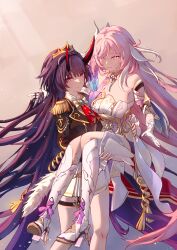  2girls absurdres bare_legs bare_shoulders black_shirt boots breasts carrying chinese_commentary commentary corset couple crown elysia_(herrscher_of_human:_ego)_(honkai_impact) elysia_(honkai_impact) gloves hair_between_eyes high_heel_boots high_heels highres honkai_(series) honkai_impact_3rd horns large_breasts long_hair multiple_girls parted_lips pink_hair princess_carry purple_eyes purple_hair raiden_mei raiden_mei_(herrscher_of_thunder) raiden_mei_(nocturne_ablaze) red_horns sen_jin_chen shirt simple_background skirt triquetra very_long_hair white_corset white_footwear white_gloves white_skirt yuri 