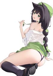  absurdres animal_ears ass bare_shoulders black_footwear black_hair black_panties black_socks braid breasts choker clothes_lift commission female green_choker green_eyes green_hat green_skirt hat highres indie_virtual_youtuber kitsunya_(vtuber) kneehighs large_breasts long_hair long_sleeves looking_at_viewer looking_back off_shoulder open_mouth panties shirt shoes simple_background sitting skeb_commission skirt skirt_lift smile socks solo steeb thighs turning_head twin_braids twintails underwear virtual_youtuber white_background white_shirt yokozuwari 