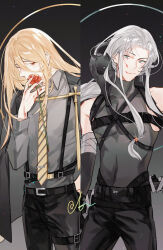  2boys :q ;) absurdres alternate_costume animal_on_shoulder aqua_eyes arm_at_side arm_warmers azha8 bandaged_arm bandages bare_shoulders belt belt_buckle black_background black_belt black_cat black_gloves black_jacket black_pants blood blood_on_face blood_on_hands boneless_carp_(the_tale_of_food) brown_hair buckle buddha&#039;s_temptation_(the_tale_of_food) closed_mouth collared_shirt compression_shirt cowboy_shot curtained_hair diagonal-striped_clothes diagonal-striped_necktie feline flower gloves grey_shirt hair_between_eyes hand_on_own_chin hand_on_own_hip harness highres holding holding_flower jacket jacket_on_shoulders lapels long_bangs long_hair long_sleeves looking_at_viewer low-tied_sidelocks low_ponytail male_focus multiple_boys necktie notched_lapels one_eye_closed pants parted_bangs red_eyes red_flower red_rose rose sheath sheathed shirt sideways_glance sleeveless sleeveless_turtleneck smile solo split_screen standing striped_clothes sword the_tale_of_food thigh_belt thigh_strap tie_clip toned toned_male tongue tongue_out turtleneck unsheathing weapon white_hair yellow_necktie 