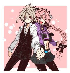  2boys :i antenna_hair aqua_belt astolfo_(fate) astolfo_(memories_at_trifas)_(fate) black_bow black_pants black_pantyhose black_skirt black_vest bow braid crop_top cropped_jacket cropped_legs cropped_shirt dress_shirt fate/apocrypha fate_(series) grey_hair hair_between_eyes hair_intakes hairbow haoro holding_hands hood hooded_jacket jacket linea_alba long_braid long_hair looking_at_another male_focus midriff multicolored_hair multiple_boys oerba_yun_fang official_alternate_costume one_eye_closed open_mouth otoko_no_ko pants pantyhose pink_hair pleated_skirt pom_pom_(clothes) purple_eyes purple_jacket red_eyes shirt sieg_(fate) signature single_braid skin_fang skirt smile streaked_hair striped_clothes striped_shirt two-tone_hair v-neck vest white_hair white_shirt 