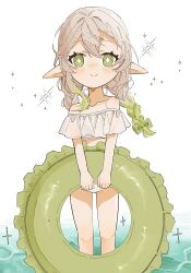  absurdres alternate_costume alternate_hair_color alternate_hairstyle bare_shoulders bikini blush bow braid feet_out_of_frame female genshin_impact gradient_hair green_bow green_eyes green_hair green_innertube grey_hair hair_between_eyes hairbow hashtag-only_commentary highres holding holding_swim_ring innertube kumane_(osakanadonn) looking_at_viewer multicolored_hair nahida_(genshin_impact) off-shoulder_bikini off_shoulder panties smile solo sparkle sparkling_aura standing swim_ring swimsuit symbol-shaped_pupils twin_braids underwear water white_background white_bikini white_panties 