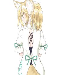  animal_ears ass back black_shirt blonde_hair closed_eyes commentary_request corked_bottle cowboy_shot female fox_ears fox_girl fox_tail green_ribbons holding holding_test_tube kudamaki_tsukasa medium_hair parted_lips puffy_short_sleeves puffy_sleeves ribbon romper s-a-murai shirt short_sleeves simple_background solo tail test_tube touhou undershirt white_background white_romper yellow_tail 