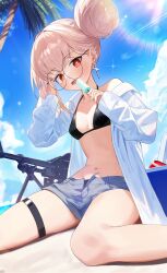  absurdres adjusting_eyewear artist_request bare_shoulders beach bikini black-framed_eyewear black_bikini blonde_hair blue_shorts breasts bright_pupils commission cross cross_earrings day denim denim_shorts ear_piercing earrings female food girls&#039;_frontline glasses gun hair_bun hand_on_eyewear hands_up highres holding holding_food holding_popsicle jacket jewelry long_hair long_sleeves looking_at_viewer machine_gun name_connection navel object_namesake off_shoulder open_clothes open_fly open_jacket open_mouth outdoors piercing popsicle red_eyes round_eyewear second-party_source short_shorts shorts single_side_bun sitting small_breasts smile solo stomach string_bikini sunlight swimsuit thigh_strap thighs type_80_(girls&#039;_frontline) type_80_machine_gun wariza weapon white_jacket 