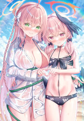  2girls ahoge bare_shoulders bikini bikini_under_clothes black_bikini black_wings blue_archive blue_sky blush bow braid breasts cleavage collarbone comiket_104 commentary_request feathered_wings green_eyes hairbow halo hanako_(blue_archive) hanako_(swimsuit)_(blue_archive) head_wings heart heart_hands highres hose koharu_(blue_archive) koharu_(swimsuit)_(blue_archive) large_breasts long_hair long_sleeves looking_at_viewer low_twintails multiple_girls navel pink_bikini pink_eyes pink_hair shirakawako shirt side_braid sky small_breasts smile spaghetti_strap swimsuit thighs twintails very_long_hair white_shirt wings 