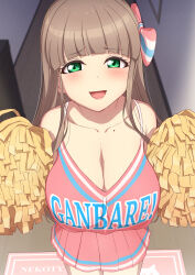  :d absurdres blunt_bangs blush breasts brown_hair cheerleader cleavage collarbone female green_eyes hair_ribbon hallway highres large_breasts long_hair looking_at_viewer mole open_mouth original pink_shirt pink_skirt pleated_skirt pom_pom_(cheerleading) ribbon sakamata_(sakamata4) shirt sidelocks skirt smile solo standing 