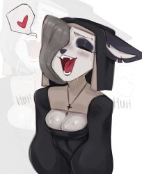  anthro blowup_background blush bodily_fluids canid canid_demon canine demon derpyrider female hellhound helluva_boss hi_res loona_(helluva_boss) mammal mythological_canine mythological_creature mythology nun simple_background solo sweat 