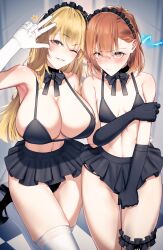  2girls ;) absurdres bikini black_bikini black_bow black_bowtie black_gloves black_panties black_skirt blonde_hair blush bow bowtie breasts bridal_garter brown_eyes brown_hair cleavage commission commissioner_upload elbow_gloves electricity embarrassed gloves hair_between_eyes high_heels highres holding_own_arm huge_breasts looking_at_viewer maid maid_bikini maid_headdress md5_mismatch medium_hair miniskirt misaka_mikoto multiple_girls one_eye_closed panties psychic resolution_mismatch shokuhou_misaki skirt skirt_tug small_breasts smile source_smaller sparkling_eyes spider_web_print swimsuit tamamoice thighhighs toaru_kagaku_no_railgun toaru_majutsu_no_index unconventional_maid underwear white_gloves white_thighhighs yellow_eyes 