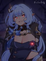  blue_hair breasts cleavage elysia_(honkai_impact) estherart0 female grin hair_ornament herrscher_of_corruption highres honkai_(series) honkai_impact_3rd large_breasts long_hair looking_at_viewer midriff pointy_ears shrug_(clothing) smile solo upper_body very_long_hair 