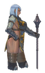  armor blue_hair breasts chainmail commentary cropped_legs dark-skinned_female dark_skin female from_side gauntlets grey_eyes hand_on_own_hip highres holding holding_mace holding_weapon large_breasts looking_ahead mace original sakamoto_kengo sideboob simple_background solo thighs weapon white_background 