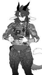  2024 absurd_res anthro bottomwear bulletproof_vest camo camo_print chabett clothing collar dragon eyebrows female fur furred_dragon furred_scalie hair hi_res horn monochrome mythological_creature mythological_scalie mythology pants pgm300 scalie solo uniform wingless_dragon 