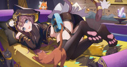  all_fours animal_ear_hood animal_hood arknights black_jacket blue_eyes brown_hair brown_tail cat_hood ears_under_headwear feet feline female flower highres hood hood_up hooded_jacket jacket long_hair long_sleeves looking_at_viewer open_mouth paw_socks pepe_(arknights) short_shorts shorts smile solo tail tail_ornament tail_ring two-sided_fabric two-sided_jacket white_flower yellow_jacket zayur 