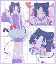  +_+ 1boy :o ^_^ animal_ears apron ben-day_dots black_hair blush border bow bow_apron cat_ears cat_tail chibi chibi_inset closed_eyes curled_fingers drop_shadow expressionless food frilled_apron frilled_suspenders frills grid hairbow hamyahaya hand_on_own_chest hand_up hands_up heart highres holding holding_plate houjou_tokiyuki_(nige_jouzu_no_wakagimi) jaggy_lines jersey_maid long_hair long_sleeves looking_at_viewer loose_socks low-tied_long_hair maid male_focus multiple_views nige_jouzu_no_wakagimi omelet outline outside_border parted_bangs plate ponytail purple_border purple_eyes purple_footwear purple_shorts purple_track_suit raised_eyebrows red_bow red_ribbon ribbon screentones shorts sidelocks_tied_back slippers socks sparkle sparkling_eyes star_(symbol) striped_background suspenders tail unconventional_maid vaporwave very_long_hair white_outline white_socks window_(computing) zipper 