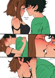  black_clothing black_hair brown_hair flustered freckles freckles_on_face green_clothing izuku_midoriya kissing loose_clothes making_out my_hero_academia ochako_uraraka tagme wholesome 