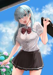  aqua_eyes aqua_hair ascot blush bra_visible_through_clothes breasts brown_skirt cloud cloudy_sky day female flower hair_between_eyes hair_ornament hairclip highres hydrangea jouzaburou_(joe3) kantai_collection large_breasts long_hair long_sleeves open_mouth pleated_skirt school_uniform see-through shirt skirt sky smile solo suzuya_(kancolle) wet wet_clothes wet_shirt white_shirt 