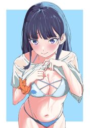  ari_87 bikini black_hair blue_eyes blush breasts clothes_pull female gridman_universe gridman_universe_(film) highres long_hair looking_at_viewer scrunchie shirt solo ssss.gridman string_bikini swimsuit takarada_rikka thighs wet wet_clothes wet_shirt white_shirt wrist_scrunchie 