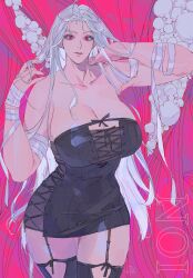  arm_wrap black_corset breasts character_name corset dorohedoro female highres large_breasts long_hair looking_at_viewer muscular muscular_female noi_(dorohedoro) red_eyes sepo_(mito609) solo upper_body 