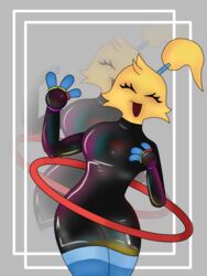  blue_skin cute dj_epic_(my_singing_monsters) fingerless_gloves glow_bracelet grey_background hoola hula_hoop latex latex_clothing latex_dress my_singing_monsters pomily ponytail smiling waving wholesome yellow_fur 