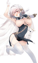  arm_up azur_lane breast_curtains breasts china_dress chinese_clothes commission dress female flower foot_out_of_frame garter_straps gloves grey_dress hair_flower hair_ornament half_gloves high_heels highres large_breasts mikuchi3939 official_alternate_costume one_eye_closed open_mouth pelvic_curtain red_eyes revealing_clothes ribbon_between_breasts shoes short_hair simple_background sirius_(azur_lane) sirius_(azure_horizons)_(azur_lane) skeb_commission solo thighhighs white_background white_footwear white_garter_straps white_hair white_thighhighs 