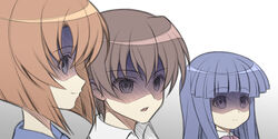  1boy 2girls blue_hair brown_hair closed_mouth collared_shirt commentary_request furude_rika gaou_(babel) gradient_background grey_background grey_eyes hair_between_eyes higurashi_no_naku_koro_ni looking_away maebara_keiichi meme multiple_girls parted_lips photoshop_(medium) portrait profile purple_eyes ryuuguu_rena shaded_face shirt smile white_background 