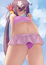  absurdres akebono_(kancolle) akebono_kai_ni_(swimsuit_mode)_(kancolle) bare_arms bare_legs bare_shoulders bell bikini blush cowboy_shot female flower hair_bell hair_between_eyes hair_flower hair_ornament highres honmakaina_kudou jingle_bell kantai_collection long_hair navel parted_lips pink_flower purple_bikini purple_eyes purple_hair side_ponytail solo swimsuit white_flower 