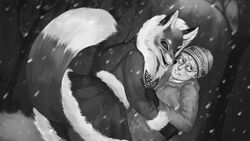  16:9 2023 albino alice_the_vixen anthro anton_petrov canid canine clothed clothing coat duo eyewear fangs female forest fox fur galanthus glasses gloves hair handwear hi_res hug human hybrid kettushka male mammal monochrome plant size_difference smile snow standing teeth tiny_bunny topwear tree white_hair widescreen winter winter_coat 