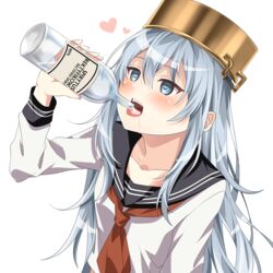  alcohol anchor_symbol artist_name bad_id bad_pixiv_id black_sailor_collar blue_eyes commentary_request drinking female grey_hair heart heart-shaped_pupils hibiki_(kancolle) kantai_collection kukimaru long_hair neckerchief open_mouth polish_text pot_on_head red_neckerchief sailor_collar school_uniform serafuku simple_background solo spirytus symbol-shaped_pupils upper_body white_background 