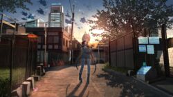  absurdres akroglam anyotete building city cloud facing_back female fence grass highres lamppost lena_(akroglam) looking_at_viewer outdoors road scenery sky skyscraper solo standing street sunset traffic_cone tree utility_pole 