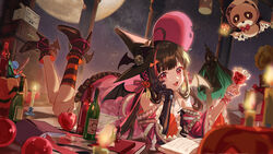  +_+ 2girls ahoge alcohol apple arm_support bare_shoulders bat_ornament bat_wings black_dress black_footwear black_hair black_headwear black_legwear blurry blurry_foreground book bottle box candle chess_piece commentary creature cup detached_sleeves dress drinking_glass food frilled_dress frilled_sleeves frills fruit full_body gift gift_box green_hair hair_ornament hair_ribbon halloween hat head_rest high_heels highres hitokoto holding holding_cup jack-o&#039;-lantern jack-o&#039;-lantern_hair_ornament jewelry legs_up long_hair looking_at_viewer lying mechanical_arms moon multicolored_hair multiple_girls nail_polish necklace night oerba_yun_fang off_shoulder official_alternate_costume on_stomach open_book open_mouth orange_socks phonograph pillar pink_dress pink_ribbon pulao:_dragontoll_(punishing:_gray_raven) pulao_(punishing:_gray_raven) pumpkin punishing:_gray_raven qu:_pavo_(punishing:_gray_raven) qu_(punishing:_gray_raven) red_eyes red_hair red_nails ribbon single_mechanical_arm single_sock sky smile socks solo_focus standing star_(sky) starry_sky streaked_hair striped_clothes striped_socks symbol-only_commentary the_pose two-tone_hair wine wine_bottle wings witch_hat 