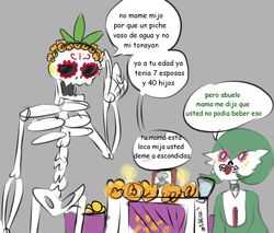  2022 animated_skeleton bodypaint bone calavera candy cempasuchil_(flower) choker day_of_the_dead dessert duo face_paint female flower food gardevoir generation_3_pokemon green_hair grey_background hair hi_res holidays humanoid humor jewelry male marigold_(flower) mexico necklace nintendo not_furry plant pokemon pokemon_(species) raven_(sheico) sheico shrine simple_background size_difference skeleton skull_face_paint spanish_text speech_bubble sugar_skull text translated undead 