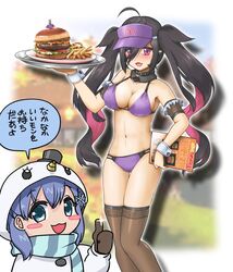  2girls ahoge bikini black_collar black_hair blue_eyes blue_hair blush_stickers breasts burger cleavage collar colored_inner_hair commentary_request detached_collar food french_fries hair_over_one_eye highres hood large_breasts menu mittens multicolored_hair multiple_girls nijisanji oerba_yun_fang open_mouth pink_hair plate purple_bikini purple_eyes shio_no.9 skin_fang smile swimsuit thighhighs thumbs_up translation_request tray twintails two-tone_hair virtual_youtuber visor_cap waitress wrist_cuffs yamiyono_moruru yuuki_chihiro yuuki_chihiro_(6th_costume) 