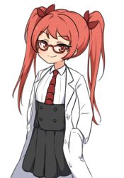  basukechi black_skirt closed_mouth female frederica_nikola_tesla glasses hair_between_eyes hands_in_pockets highres honkai_(series) honkai_impact_3rd lab_coat looking_at_viewer necktie red_eyes red_hair simple_background skirt smile solo twintails white_background 