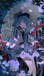  absurdres black_gloves black_hat blue_dress blue_eyes blue_flower blue_hair blurry blurry_foreground breasts bug butterfly chinese_commentary commentary_request dress feet_out_of_frame female flower gloves glowing glowing_butterfly hair_between_eyes hair_ornament hand_up hat hat_flower hatsune_miku highres hitokoto holding holding_umbrella jacket jewelry leaf long_hair looking_at_viewer miku_with_you_(vocaloid) night object_floating_above_hand oil-paper_umbrella open_clothes open_jacket outdoors parted_lips pendant red_flower small_breasts solo standing two_side_up umbrella very_long_hair vocaloid white_jacket 