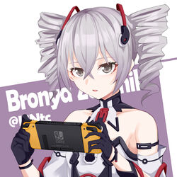  absurdres bare_shoulders black_gloves bronya_zaychik bronya_zaychik_(drive_kometa) bronya_zaychik_(yamabuki_armor) drill_hair female gloves grey_eyes grey_hair hair_between_eyes highres holding honkai_(series) honkai_impact_3rd jiaoxiang_tc looking_at_viewer nintendo_switch open_mouth solo twin_drills white_background 