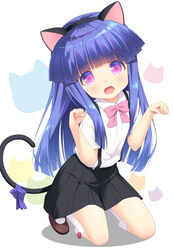  :d animal_ears black_hairband black_skirt blue_hair blunt_bangs blush bow brown_footwear cat_ears cat_tail collared_shirt commentary_request dress_shirt fake_animal_ears female furude_rika gaou_(babel) hairband head_tilt higurashi_no_naku_koro_ni kneehighs kneeling long_hair looking_at_viewer open_mouth paw_pose photoshop_(medium) pink_bow pink_eyes pleated_skirt purple_bow shadow shirt shoes short_sleeves skirt smile socks solo suspender_skirt suspenders tail tail_bow tail_ornament very_long_hair white_background white_shirt white_socks 