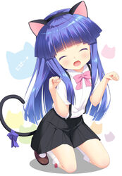  :d ^_^ animal_ears black_hairband black_skirt blue_hair blunt_bangs blush bow brown_footwear cat_ears cat_tail closed_eyes collared_shirt commentary_request dress_shirt facing_viewer fake_animal_ears female furude_rika gaou_(babel) hairband head_tilt higurashi_no_naku_koro_ni kneehighs kneeling long_hair nipa~ open_mouth paw_pose photoshop_(medium) pink_bow pleated_skirt purple_bow shadow shirt shoes short_sleeves skirt smile socks solo suspender_skirt suspenders tail tail_bow tail_ornament translated very_long_hair white_background white_shirt white_socks 