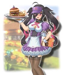  ahoge apron black_collar black_hair breasts burger cleavage cleavage_cutout clothing_cutout collar colored_inner_hair commentary_request dress female food french_fries frilled_dress frills garter_straps hair_over_one_eye highres large_breasts long_hair menu multicolored_hair nijisanji oerba_yun_fang open_mouth pink_hair plate pointy_ears puffy_short_sleeves puffy_sleeves purple_dress purple_eyes shio_no.9 short_dress short_sleeves skin_fang smile solo thighhighs tray twintails two-tone_hair virtual_youtuber visor_cap waist_apron waitress wrist_cuffs yamiyono_moruru 