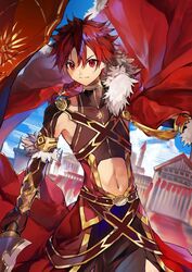  1boy alexander_(fate) architecture bishounen blurry blurry_background clothing_cutout collared_cape commentary_request fate/grand_order fate_(series) greco-roman_architecture hair_between_eyes highres holding holding_sword holding_weapon leotard looking_at_viewer male_focus midriff_peek navel navel_cutout outdoors outstretched_arm red_eyes red_hair short_hair_with_long_locks solo stomach stomach_cutout sword weapon zyalingguang 